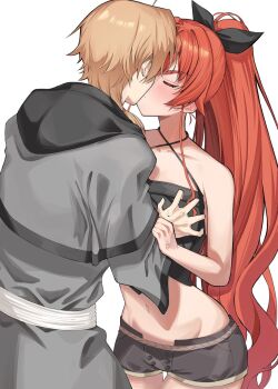 1boy 1girl ahoge anger_vein blush breasts eris_greyrat grabbing_another&#039;s_breast groping guided_breast_grab guiding_hand hair_between_eyes hetero highres husband_and_wife kiss large_breasts long_hair marbo_(saico556) mushoku_tensei navel ponytail red_hair rudeus_greyrat shirt short_hair simple_background very_long_hair white_background