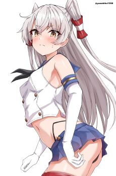 1girl amatsukaze_(kancolle) black_hairband black_neckerchief black_panties blue_sailor_collar blue_skirt breasts brown_eyes commentary_request cosplay crop_top elbow_gloves gloves grey_hair hair_tubes hairband highleg highleg_panties highres kantai_collection long_hair microskirt miniskirt mizuki_(uzuki_no_sato) neckerchief panties pleated_skirt sailor_collar shimakaze_(kancolle) shimakaze_(kancolle)_(cosplay) shirt simple_background skirt sleeveless sleeveless_shirt small_breasts solo striped_clothes striped_thighhighs thighhighs twitter_username two_side_up underwear white_background white_gloves