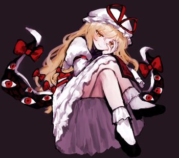 Rule 34 | 1girl, absurdres, black shoes, blonde hair, bow, dress, gap (touhou), hair bow, hat, hat ribbon, highres, long hair, long sleeves, looking at viewer, mob cap, natucurage, purple tabard, red bow, red eyes, red ribbon, ribbon, shoes, smile, solo, tabard, touhou, white dress, yakumo yukari, yellow eyes