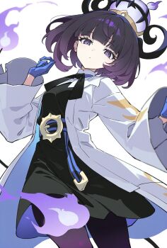 1girl 4949maurice ai-generated black_dress blue_gloves blunt_bangs closed_mouth coat dress eyelashes gloves gradient_hair gwynn_(pokemon) hat highres long_sleeves looking_at_viewer multicolored_hair nintendo open_clothes open_coat pokemon pokemon_legends:_z-a purple_eyes purple_hair short_hair solo white_coat