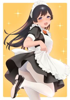 1girl :d alternate_costume apron apron_lift ass back_bow black_dress black_footwear black_hair blush border bow clothes_lift collared_dress commentary_request double-parted_bangs dress english_text enmaided frilled_apron frills from_behind from_side hair_between_eyes highres i-400_(kancolle) kantai_collection lifting_own_clothes long_hair looking_at_viewer maid maid_apron maid_headdress neck_ribbon open_mouth orange_background outside_border panties panties_under_pantyhose pantyhose puffy_short_sleeves puffy_sleeves purple_eyes red_ribbon ribbon sakiecho short_sleeves sidelocks simple_background smile solo sparkle_background underwear unfinished upper_body white_apron white_border white_bow white_pantyhose