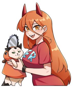 1girl animal breasts cat chainsaw_man commentary cosplay cropped_torso demon_girl demon_horns double-parted_bangs english_commentary hair_between_eyes highres holding holding_animal holding_cat horns large_breasts long_hair long_hair_between_eyes looking_at_viewer oninuer open_mouth orange_eyes orange_hair pochita_(chainsaw_man) pochita_(chainsaw_man)_(cosplay) power_(chainsaw_man) red_horns red_shirt ringed_eyes sharp_teeth shirt short_sleeves simple_background smile solo t-shirt teeth white_background