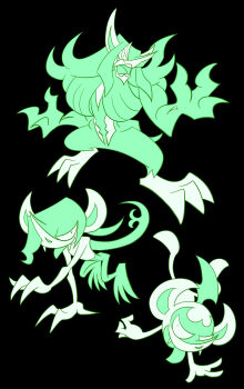 Rule 34 | aoi (comical highway), black background, commentary request, evolutionary line, fangs, flat color, full body, gen 8 pokemon, grimmsnarl, highres, impidimp, limited palette, long nose, morgrem, nintendo, open mouth, pointy ears, pointy nose, pokemon, pokemon (creature), pokemon focus, simple background, single wing, smile, tongue, tongue out, wings