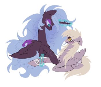 Rule 34 | 2girls, bandaged arm, bandages, blonde hair, blue eyes, blue hair, blush, commentary, dark-skinned female, dark skin, derpy hooves, derpymccallion, english commentary, eyeshadow, feathered wings, full body, highres, long hair, looking at another, magic, makeup, multiple girls, my little pony, my little pony: friendship is magic, outstretched arm, pegasus, pony (animal), princess luna, purple eyeshadow, scar, scar on arm, self-harm, self-harm scar, sitting, sweatdrop, unicorn, wings, wrist cutting, yellow eyes