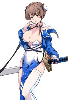 1girl arm_up bare_shoulders black_choker blue_dress blue_jacket braid braided_bun breasts brown_hair bun_cover chaos_zero_nightmare choker cleavage covered_navel cropped_jacket double_bun dress eyeliner gradient_clothes gradient_dress hair_bun hair_ornament highres holding holding_sword holding_weapon huge_weapon jacket large_breasts looking_at_viewer makeup mole mole_under_mouth off_shoulder open_clothes open_jacket open_mouth panty_straps pelvic_curtain piercing poteto_furai red_eyeliner short_hair_with_long_locks single_thighhigh skindentation smile solo strapless strapless_dress sword thigh_strap thighhighs thighs tongue tongue_out tongue_piercing weapon yellow_eyes yuki_(chaos_zero_nightmare)