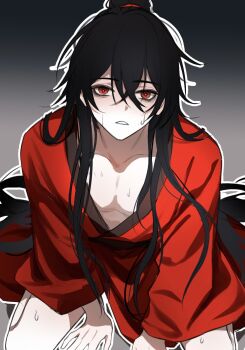 1boy bags_under_eyes bare_legs bishounen black_hair black_sash blush chinese_clothes chinese_commentary collarbone dao_gui_yi_xian gradient_background grey_background hair_between_eyes hair_bun hanfu highres li_huowang long_hair long_sleeves looking_at_viewer male_focus moxiaobingbuxiao outline pale_skin parted_lips pectoral_cleavage pectorals red_eyes red_hanfu robe sash simple_background single_hair_bun sitting solo sweat very_long_hair wariza wide_sleeves