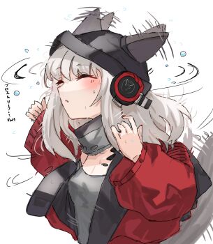 1girl absurdres animal_ears arknights black_hat breasts closed_eyes commentary_request ear_wiggle fox_ears frostleaf_(arknights) grey_shirt hat headphones highres horn/wood implied_extra_ears jacket long_hair material_growth nail_polish oripathy_lesion_(arknights) red_jacket red_nails shirt small_breasts solo upper_body wet white_background white_hair