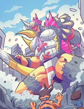 armor crossover debris digimon digimon_(creature) fusion godzilla godzilla_(series) greymon highres kaiju looking_at_another thomdotartz toho wargreymon wargreymon_g_erosion_mode yagami_taichi