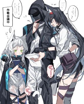 1other 2girls :d animal_ears arknights arm_between_breasts bare_legs belt_pouch between_breasts between_legs black_coat black_gloves black_hair black_skirt blaze_(arknights) blue_eyes blush book breasts cat_ears cat_girl cat_tail coat collared_jacket commentary_request crossed_arms doctor_(arknights) expressionless facing_viewer finger_to_own_chin from_side gloves green_eyes hand_up hands_up highres holding holding_book hood hooded_coat jacket lab_coat large_breasts long_hair mask miniskirt multiple_girls na_tarapisu153 open_clothes open_coat open_mouth pointing pouch rosmontis_(arknights) single_thighhigh skirt slit_pupils smile speech_bubble tail tail_around_another&#039;s_leg tail_between_legs tail_wrap thigh_strap thighhighs translation_request very_long_hair white_coat white_hair white_jacket