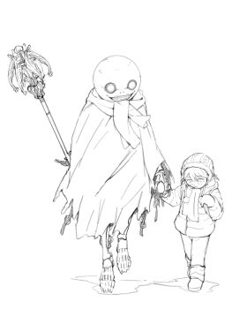 1boy 1girl aged_down beanie cloak commentary crossover down_jacket emil_(nier) felix_thirasat greyscale hat highres holding holding_hands holding_staff jacket lineart monochrome neon_genesis_evangelion nier nier_(series) pom_pom_(clothes) scarf simple_background skeleton souryuu_asuka_langley staff teeth white_background winter_gloves