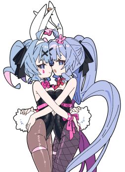 Rule 34 | 2girls, :3, ahoge, animal ears, black bow, black leotard, black pantyhose, blue eyes, blue hair, bow, bowtie, bracelet, breast press, breasts, buck teeth, colored inner hair, commentary request, cowboy shot, detached collar, facial mark, fake animal ears, fishnet pantyhose, fishnets, hair bow, hair ornament, hairband, hatsune miku, highres, jewelry, leotard, long hair, medium breasts, multicolored hair, multiple girls, multiple persona, open mouth, pantyhose, pink bow, pink bowtie, pink hair, pink pupils, pink ribbon, playboy bunny, profile, rabbit ears, rabbit hole (vocaloid), rabbit tail, raised inner eyebrows, red bow, red bowtie, ribbon, simple background, smile, standing, symmetrical docking, tail, teardrop facial mark, teeth, thigh strap, twintails, very long hair, vocaloid, white background, white hairband, wrist ribbon, x hair ornament, yagidon