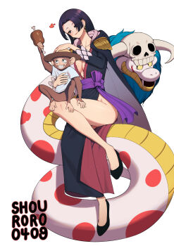 1girl animal artist_name bare_legs black_hair blue_eyes blush boa_hancock breasts commentary dress earrings fangs food full_body hat heart highres jewelry large_breasts long_hair mask meat monkey one_piece one_piece:_stampede red_lips salome_(one_piece) sash shouroro sitting skull smile snake straw_hat thighs two-tone_dress white_background