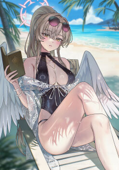 1girl absurdres angel_wings ariko_(aaaaarik) beach black_one-piece_swimsuit blue_archive book brown_hair chair collarbone commentary eyewear_on_head feathered_wings highres holding holding_book long_hair looking_at_viewer lounge_chair nagisa_(blue_archive) nagisa_(swimsuit)_(blue_archive) one-piece_swimsuit palm_tree ponytail sitting solo sunglasses swimsuit tree white_wings wings yellow_eyes