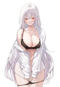 1girl absurdres albino black_bra black_panties bra breasts chukibabo2 collared_shirt colored_eyelashes covering_crotch covering_privates cowboy_shot crossed_bangs dress_shirt furrowed_brow hair_between_eyes highres large_breasts long_hair long_sleeves looking_at_viewer navel nervous_smile off_shoulder open_clothes open_shirt orange_eyes original panties panty_pull shirt simple_background single_bare_shoulder sleeves_past_wrists smile solo standing thick_eyelashes underwear very_long_hair white_background white_eyelashes white_hair white_shirt yurnil