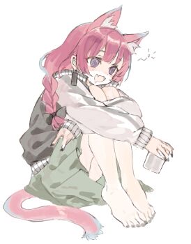 Rule 34 | 1girl, animal ears, barefoot, black jacket, black nails, black ribbon, bocchi the rock!, braid, cat ears, cat girl, cat tail, dress, drooling, drunk, earrings, green dress, hiroi kikuri, hugging own legs, jacket, jewelry, konabetate, long hair, multicolored jacket, purple eyes, purple fur, purple hair, ribbon, ringed eyes, single braid, sitting, squeans, tail, white background, white jacket