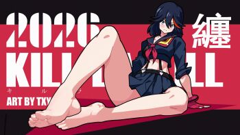 Rule 34 | 1girl, absurdres, arm support, artist name, bare legs, barefoot, black hair, black sailor collar, black serafuku, blue eyes, commentary, english commentary, feet, fingerless gloves, foot focus, foreshortening, full body, gloves, highres, kill la kill, knee up, legs, looking at viewer, matoi ryuuko, multicolored hair, navel, necktie, omotxy, red background, red hair, red necktie, revealing clothes, sailor collar, school uniform, senketsu, serafuku, short hair, sitting, skirt, solo, streaked hair, suspenders, thighs, toenails, toes, two-tone hair