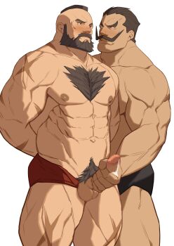 Rule 34 | 2boys, abs, absurdres, arms behind back, bara, beard, black male underwear, blush, briefs, chest hair, couple, dark-skinned male, dark skin, darun mister, erection, facial hair, feet out of frame, handjob, highres, interracial, large pectorals, looking at another, male focus, male pubic hair, male underwear, mature male, mohawk, multiple boys, muscular, muscular legs, muscular male, mustache, navel, nipples, pectorals, penis, precum, pubic hair, red male underwear, ryker, scar, scar on arm, scar on leg, short hair, sideburns, stomach, street fighter, street fighter ex (series), street fighter zero (series), thighs, topless male, uncensored, underwear, white background, yaoi, zangief