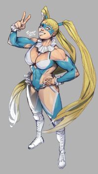 1girl blonde_hair blue_leotard breasts clothing_cutout collar domino_mask elbow_cutout eye_mask frilled_collar frilled_cuffs frills full_body grey_background hair_pulled_back highres knee_pads leotard long_hair mask medium_breasts muscular muscular_arms rainbow_mika sheep_shin shoulder_cutout simple_background solo standing street_fighter street_fighter_v v very_long_hair white_footwear wrestler wrestling_mask wrestling_outfit