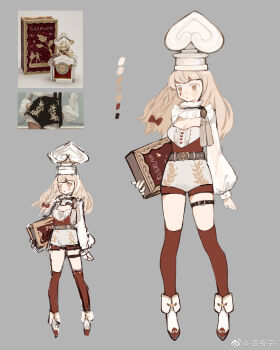 Rule 34 | 1girl, absurdres, belt, belt buckle, black belt, blonde hair, boots, bottle, bow, box, braid, breasts, brown belt, buckle, buttons, center frills, chinese commentary, cleavage, cleavage cutout, closed mouth, clothing cutout, collared shirt, color guide, colored eyelashes, commentary request, expressionless, frilled shirt, frilled shirt collar, frills, grey background, hair bow, hat, hat ornament, heart, heart button, heart hat ornament, high collar, highres, holding, holding box, light blush, long hair, long sleeves, marking on cheek, miniskirt, multiple views, original, over-kneehighs, perfume bottle, personification, photo inset, puffy long sleeves, puffy sleeves, red bow, red romper, red socks, reference inset, romper, shirt, simple background, single braid, skirt, socks, studded belt, tassel, teardrop facial mark, thigh belt, thigh strap, thighhighs, wheat print, white boots, white hat, white shirt, white skirt, yayako (804907150), yellow eyes