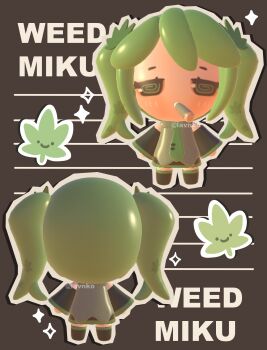 1girl 3d @_@ absurdres alternate_hair_color alternate_hair_ornament blush cannabis_hair_ornament cannabis_leaf chibi chibi_only detached_sleeves drugs english_text green_hair hair_ornament hatsune_miku highres joint_(drug) lavy_(lavnko) leaf_hair_ornament marijuana outline smoking sparkle twintails vocaloid white_outline