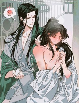 Rule 34 | 2boys, absurdres, applying ointment, architecture, aroused, bamboo print, bare pectorals, black hair, blush, brown hair, bruise, bruise on arm, bruise on chest, closed mouth, clueless, collarbone, commentary, confused, curled fingers, curtained hair, east asian architecture, elbow blush, embarrassed, facial mark, forehead mark, full-face blush, furrowed brow, green eyes, green robe, grey robe, hair down, hair over shoulder, highres, holding jug, indoors, injury, long hair, long sleeves, looking at another, lower teeth only, luo binghe, male focus, multiple boys, open clothes, open mouth, open robe, parted bangs, pectoral cleavage, pectorals, ponytail, pursed lips, red eyes, renzha fanpai zijiu xitong, robe, ronpu cooing, shen qingqiu, shoulder blush, single off shoulder, speech bubble, steam, sweat, sweatdrop, symbol-only commentary, teeth, thought bubble, v-shaped eyebrows, wavy mouth, white robe, wide sleeves, yaoi