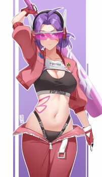 1girl absurdres ahoge bandaid bandaid_on_arm baseball_bat black_sports_bra black_sports_panties breasts butterfly_tattoo chym39 cleavage clothes_writing collarbone commentary cowboy_shot english_commentary frown gloves hand_up highres holding holding_baseball_bat holding_weapon jacket large_breasts long_hair marvel marvel_rivals navel official_alternate_costume open_clothes open_jacket pants pink_gloves pink_pants psylocke psylocke_(fleeting_butterfly) purple-tinted_eyewear purple_background purple_eyes purple_hair race_queen signature simple_background sports_bra sports_panties stomach sunglasses tattoo tinted_eyewear underwear_writing weapon x-men zipper zipper_pull_tab