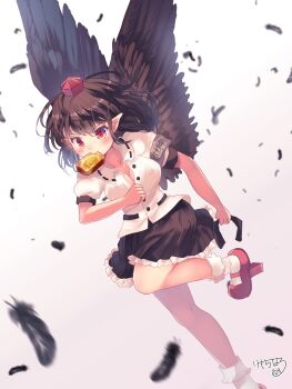 Rule 34 | 1girl, armband, bird wings, black feathers, black hair, black skirt, blurry, blush, bobby socks, bread, bread slice, breasts, brown armband, brown wings, cleavage, commentary request, depth of field, falling feathers, feathered wings, feathers, food, food in mouth, foot out of frame, frilled skirt, frills, geta, hat, highres, kemo chiharu, large breasts, leg up, miniskirt, motion blur, mouth hold, pointy ears, puffy short sleeves, puffy sleeves, red eyes, red hat, red shoes, running, shameimaru aya, shirt, shoes, short hair, short sleeves, skirt, socks, solo, tengu-geta, toast, toast in mouth, tokin hat, touhou, wings