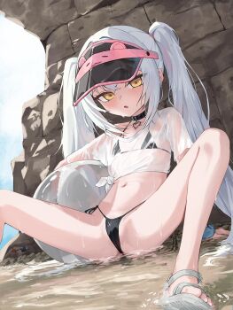 1girl ayase_shiho_(honashi) ball beachball bikini blush flat_chest highres honashi loli long_hair looking_at_viewer navel open_mouth original solo spread_legs swimsuit twintails visor_cap water wet white_hair yellow_eyes