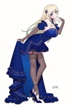 1girl black_thighhighs blonde_hair blue_dress blue_eyes breasts character_request copyright_request dress elbow_gloves full_body gloves high_heels highres large_breasts long_hair nail_polish open_mouth profile simple_background solo standing thighhighs white_background yamaguchi_haruka_(tenpiboshi)