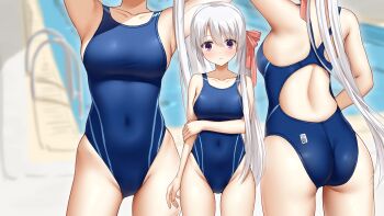 Rule 34 | 1girl, ahoge, ass, ayachi nene, blue one-piece swimsuit, breasts, commentary request, competition swimsuit, covered navel, hair ribbon, highleg, highleg one-piece swimsuit, highres, looking at viewer, medium breasts, multiple views, ncontrail (mgax7527), one-piece swimsuit, pool ladder, purple eyes, racerback, ribbon, sanoba witch, side ponytail, simple background, swimsuit, white background, white hair