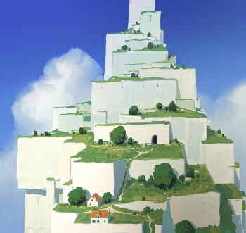 above_clouds alariko blue_sky building cloud cloudy_sky day dirt_road geometric_pattern highres house mountain original path road scenery sky terrace tree