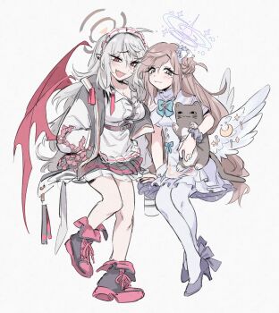 2girls absurdres angel_wings blue_archive breasts brown_hair capelet center_frills commentary cosplay demon_wings dress frilled_dress frills genderswap genderswap_(mtf) grey_eyes grey_hair halo high_heels highres invisible_chair jacket kanae_(nijisanji) kuzuha_(nijisanji) large_breasts long_hair looking_at_viewer mika_(blue_archive) mika_(blue_archive)_(cosplay) mole mole_under_eye multiple_girls neru_(blue_archive) neru_(blue_archive)_(cosplay) nijisanji pantyhose print_jacket red_eyes roto_(kanae) sanya_(nijisanji) scrunchie simple_background sitting smile sp1nosaur stuffed_animal stuffed_cat stuffed_toy symbol-only_commentary virtual_youtuber white_background white_capelet white_dress white_pantyhose wings wrist_scrunchie