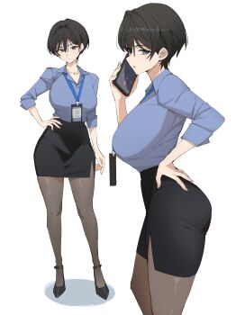 1girl :/ absurdres black_hair black_pantyhose black_shoes black_skirt blue_eyes blue_shirt breasts cellphone closed_mouth collared_shirt commentary_request cowboy_shot dress_shirt earrings from_side full_body hair_between_eyes hand_on_own_hip highres holding holding_phone id_card jewelry lanyard large_breasts looking_at_viewer mole mole_on_cheek multiple_views necklace office_lady original pantyhose parted_lips pen_guin15 pencil_skirt phone shirt shoes sideways_glance sideways_mouth simple_background skirt sleeves_rolled_up smartphone standing stud_earrings talking_on_phone white_background
