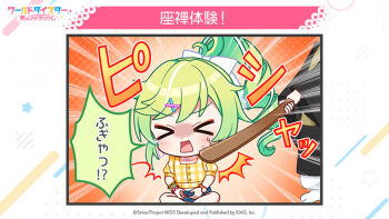 Rule 34 | > <, 1girl, :d, akiru kamira, blush, chibi, closed eyes, commentary request, copyright logo, flag, gloves, green hair, hair ornament, holding, holding flag, logo, long hair, long sleeves, official art, open mouth, second-party source, smile, star (symbol), sweater, translation request, world dai star, xd