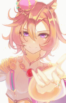 1girl animal_ears armor blush breasts cape closed_mouth commentary_request crown ear_ornament gold_corset hair_between_eyes highres horse_ears horse_girl long_sleeves looking_at_viewer mini_crown orange_hair orusun outstretched_arm pink_cape pink_crown purple_eyes reaching reaching_towards_viewer shirt short_hair shoulder_armor simple_background smile solo t.m._opera_o_(o_sole_suo!)_(umamusume) t.m._opera_o_(umamusume) umamusume upper_body white_background white_shirt