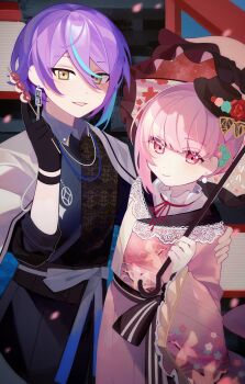 Rule 34 | 1boy, 1other, :d, akiyama mizuki, asymmetrical hair, asymmetrical sidelocks, black background, black gloves, black hat, black kimono, blue hair, blurry, blurry background, bow, brown umbrella, closed mouth, commentary, double-parted bangs, earrings, eyes visible through hair, falling petals, flower, food, frilled sleeves, frilled umbrella, frills, from above, gloves, hair between eyes, hand on another's shoulder, hand up, hat, hat flower, hat tip, highres, holding, holding food, holding umbrella, japanese clothes, jewelry, kamishiro rui, kawaranu atatakasa no tonari de (project sekai), kimono, lace, lace-trimmed kimono, lace trim, laylayhappy, long sleeves, looking at viewer, multicolored hair, neck ribbon, necklace, official alternate costume, official alternate hair length, official alternate hairstyle, open mouth, petals, pink eyes, pink hair, pink kimono, pink petals, pom pom (clothes), pom pom earrings, project sekai, purple hair, red flower, red ribbon, red rose, ribbon, rose, shirt, short hair, sidelocks, simple background, single sidelock, smile, streaked hair, symbol-only commentary, two-tone hair, umbrella, upper body, white bow, white shirt, wide sleeves, yellow eyes