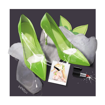 1girl animal_ears artist_name bar_censor blonde_hair braid breasts censored censored_identity cleavage cum detached_collar elf fairy_(sao) fake_animal_ears highres large_breasts long_hair photo_(object) playboy_bunny pointy_ears ponytail rabbit_ears simple_background solo xnnagu