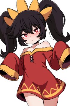 1girl ashley_(warioware) black_hair blush closed_mouth cosplay dress hair_between_eyes hairband ink_(inksgirls) kono_subarashii_sekai_ni_shukufuku_wo! long_hair long_sleeves looking_at_viewer megumin megumin_(cosplay) nintendo off-shoulder_dress off_shoulder orange_hairband red_dress red_eyes sleeves_past_fingers sleeves_past_wrists solo twintails warioware white_background