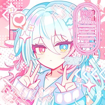 1girl blue_eyes blue_shirt blush borrowed_character closed_mouth collarbone commentary commission dot_nose double-parted_bangs double_v hair_between_eyes hands_up heart heterochromia highres long_hair long_sleeves looking_at_viewer original pink_background portrait red_eyes shirocha_tei shirt skeb_commission sleeves_past_wrists solo sparkle spoken_heart twitter_username v watermark white_hair