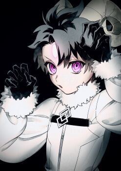 Rule 34 | 1boy, black background, black hair, cosplay, curled horns, dark young (fate), dark young (fate) (cosplay), facial mark, fate/grand order, fate (series), forehead mark, fujimaru ritsuka (male), fur trim, gloves, glowing markings, highres, horns, jacket, long sleeves, male focus, monsterification, paw pose, purple eyes, short hair, simple background, solo, upper body, urup zzz