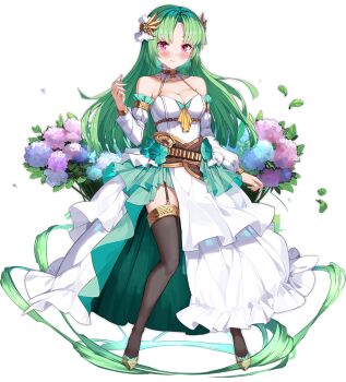 1girl aqua_flower ark_order bare_shoulders belt black_thighhighs blue_flower blush breasts brown_belt brown_sash chain cleavage detached_sleeves dress dress_flower flower full_body garter_straps gold_chain gold_trim green_hair hair_ornament holding holding_string hydrangea lachesis_(ark_order) leaf long_hair long_sleeves looking_at_viewer medium_breasts official_art parted_bangs pink_eyes puffy_long_sleeves puffy_sleeves purple_flower shoes smile solo string tachi-e thighhighs transparent_background very_long_hair white_dress