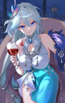 1girl absurdres aqua_nails aqua_skirt bare_shoulders blue_eyes breasts commentary cup drinking_glass earrings grey_hair hair_ornament highres holding holding_cup honkai:_star_rail honkai_(series) indoors jewelry large_breasts long_hair long_skirt looking_at_viewer nail_polish night parted_lips shirt single_earring sitting skirt sleeveless sleeveless_shirt smile solo ssamsa0404 white_shirt yao_guang_(honkai:_star_rail)