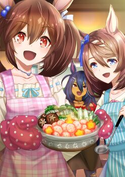 Rule 34 | 3girls, animal ears, apron, black hair, blue apron, blue eyes, blush, bow, bowl, braid, breasts, brown hair, choker, collarbone, commentary request, dark-skinned female, dark skin, ear bow, food, hair between eyes, hair ornament, hairclip, highres, hishi akebono (umamusume), hishi amazon (casual) (umamusume), hishi amazon (umamusume), holding, holding bowl, holding ladle, horse ears, horse girl, ladle, long hair, long sleeves, looking at viewer, mittens, multicolored hair, multiple girls, open mouth, otono (bkt4b), oven mitts, pants, pink apron, red eyes, red oven mitts, red shirt, shirt, smile, streaked hair, super creek (umamusume), twintails, umamusume, very long hair, white hair, white shirt