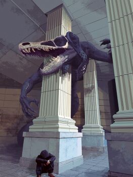 1boy black_hoodie bone brown_shoes ceiling claws commentary_request dinosaur_skeleton floor hood hood_up hoodie horror_(theme) monster monster_focus original pants pillar sharp_teeth shoes squatting teeth tile_floor tiles toy(e) tyrannosaurus_rex