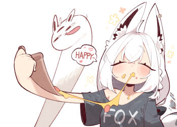 <o>_<o> 1girl ahoge alternate_costume animal_ear_fluff animal_ear_piercing animal_ears black_shirt braid closed_eyes cocomayo29_(tomato) commentary earrings english_text food fox_ears fox_girl fox_tail hair_between_eyes hair_ornament happy_aura holding holding_food holding_pizza hololive jewelry korean_commentary long_hair miteiru_(shirakami_fubuki) pizza pizza_slice shirakami_fubuki shirt simple_background single_braid single_earring tail virtual_youtuber white_hair