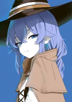 1girl absurdres black_hat blue_background blue_eyes blue_hair brown_robe bubba62473394 closed_mouth crossed_bangs dress from_side hair_between_eyes hat highres long_braid long_hair looking_at_viewer mushoku_tensei robe roxy_migurdia sidelocks simple_background solo upper_body white_dress witch_hat