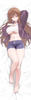 1girl absurdres arm_behind_head arm_up bare_legs barefoot bed_sheet blush breasts brown_eyes brown_hair brown_jacket closed_mouth collarbone commentary_request commission crop_top dakimakura_(medium) dolphin_shorts drawstring feet full_body hand_on_own_chest highres incredibly_absurdres jacket korean_commentary large_breasts long_hair long_sleeves looking_at_viewer lying midriff navel on_back open_clothes open_jacket original purple_shorts second-party_source shirt short_shorts shorts smile solo stomach sweatdrop thighs toes underboob uneven_eyes very_long_hair white_shirt yuon_6262