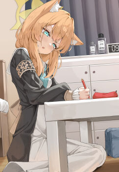 1girl :o animal_ear_fluff animal_ears aqua_eyes aqua_neckerchief armlet black_dress blonde_hair blue_archive blush cat_ears cat_girl commentary_request dress gold_armlet hair_over_shoulder halo highres holding holding_pencil indoors jewelry krux_(k_krux) long_dress long_hair long_sleeves looking_at_object looking_down mari_(blue_archive) multicolored_dress neckerchief nun on_floor open_mouth pencil sailor_collar sitting table two-tone_dress wariza white_dress white_sailor_collar writing yellow_halo