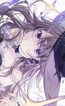 Rule 34 | 1girl, absurdres, armpit crease, ascot, bare shoulders, bow, closed mouth, collarbone, commentary request, floating hair, frills, grey hair, hair bow, hair ribbon, hat, herta (honkai: star rail), highres, honkai: star rail, honkai (series), long hair, looking at viewer, mahiru yura, portrait, purple bow, purple eyes, purple nails, ribbon, smile, sparkle, swept bangs, the herta (honkai: star rail), white ascot, white background