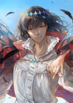 1boy absurdres black_hair blue_eyes blue_sky cape commentary cosplay dragonfly_wings english_commentary fate/grand_order fate_(series) frilled_shirt_collar frills hair_between_eyes highres howl_(howl_no_ugoku_shiro)_(cosplay) howl_no_ugoku_shiro howl_pendragon looking_at_viewer male_focus oberon_(fate) parted_lips puffy_sleeves renrenka_noi shirt short_hair sky solo upper_body white_shirt